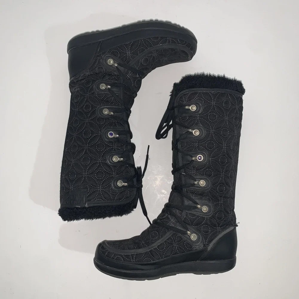 Helly Hansen Boots Womens Size 6.5 Black Quilted Faux Fur Lace Up Winter Snow